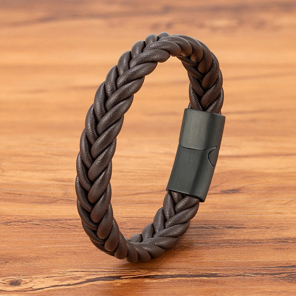 Flätat läderarmband för män med magnetlås – Rostfritt stål