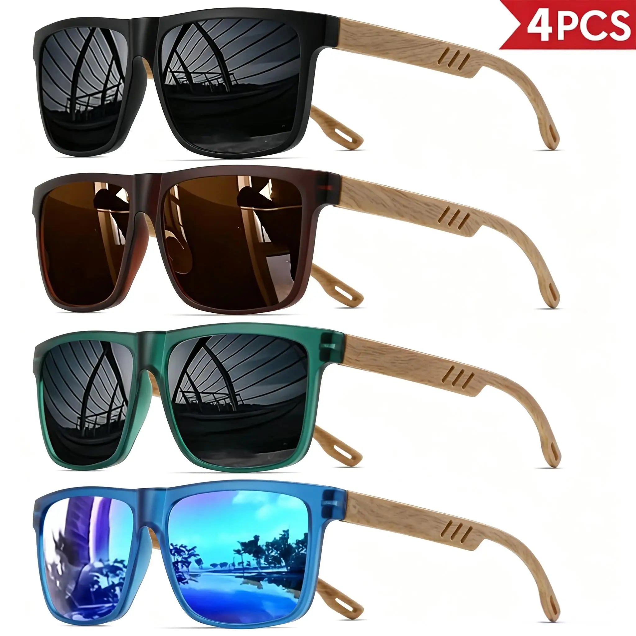 4-pack Solglasögon Trälook – Retro Fyrkantiga Unisex