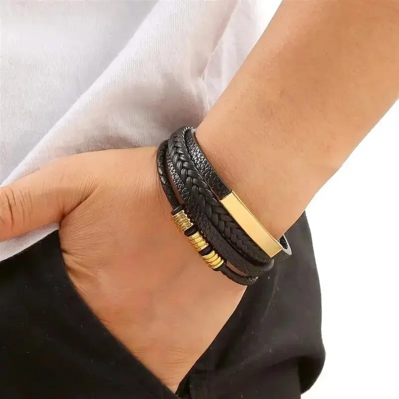 Multilager PU‑läderarmband för män