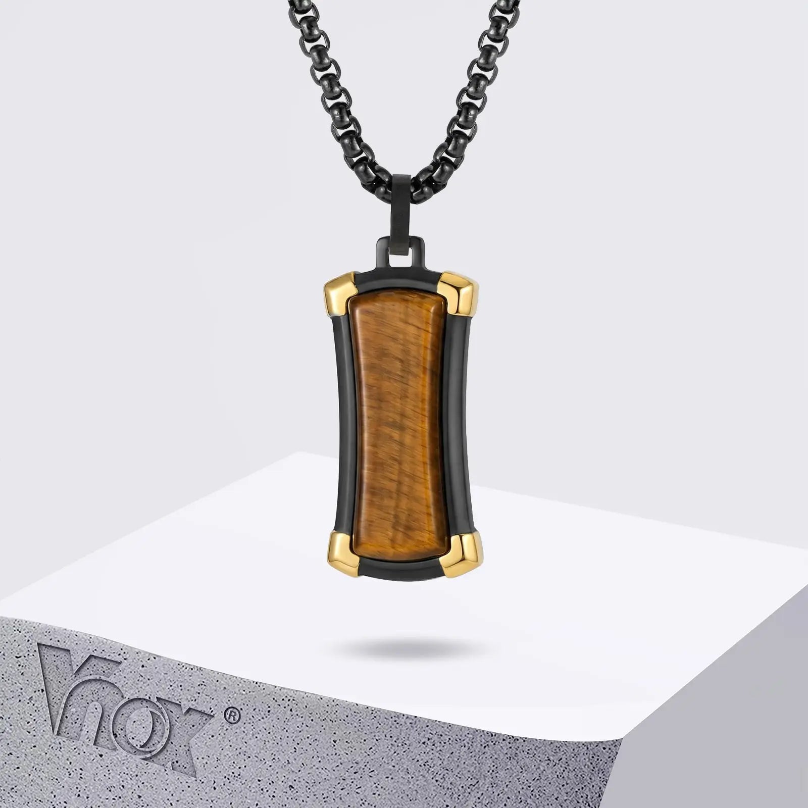 Dog tag halsband herr – svart stål & tigeröga
