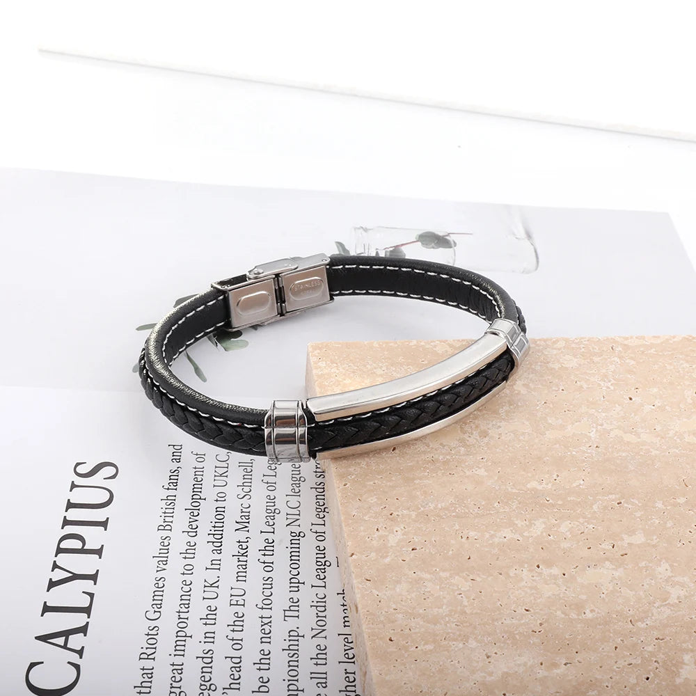 Läderarmband herr multilayer – svart armband i rostfritt stål