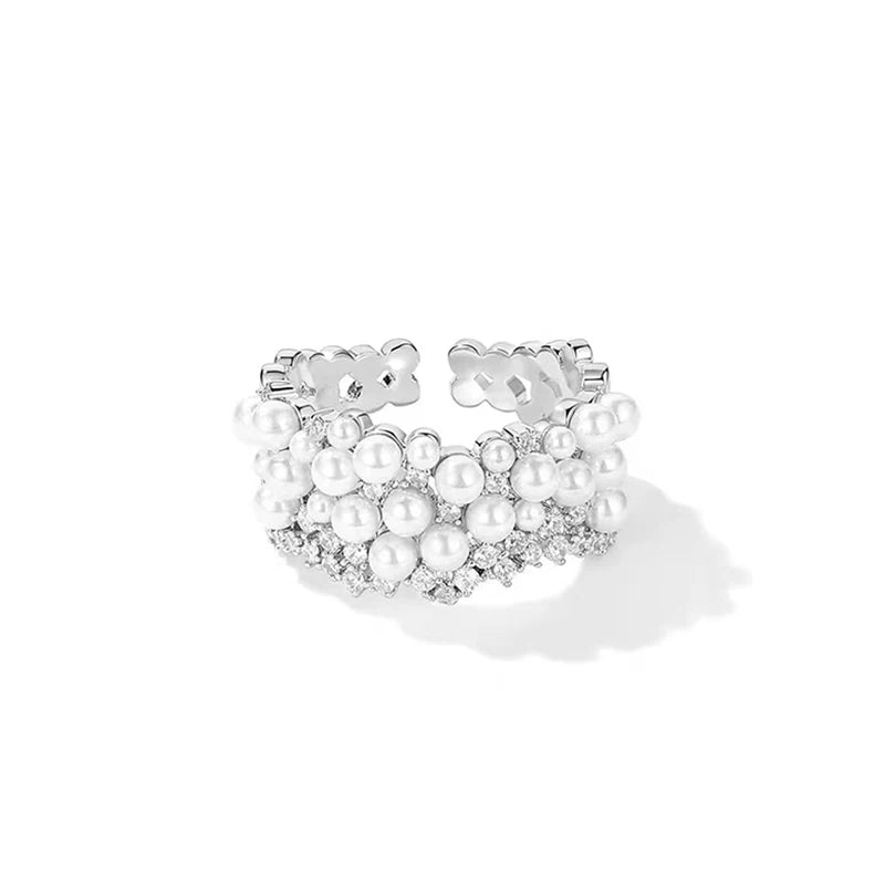 Pärlring med zirkon & guldfinish – öppen damring i 18K‑plätering