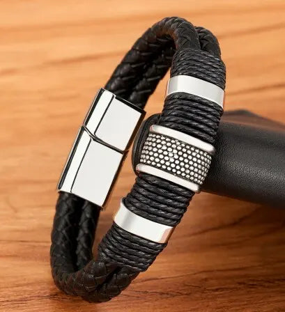 Flätat läderarmband för män – rostfritt stål