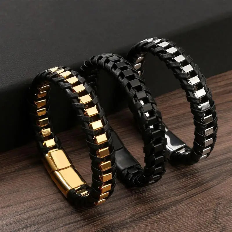 Herr armband i läder och rostfritt stål – flätat armband med magnetlås