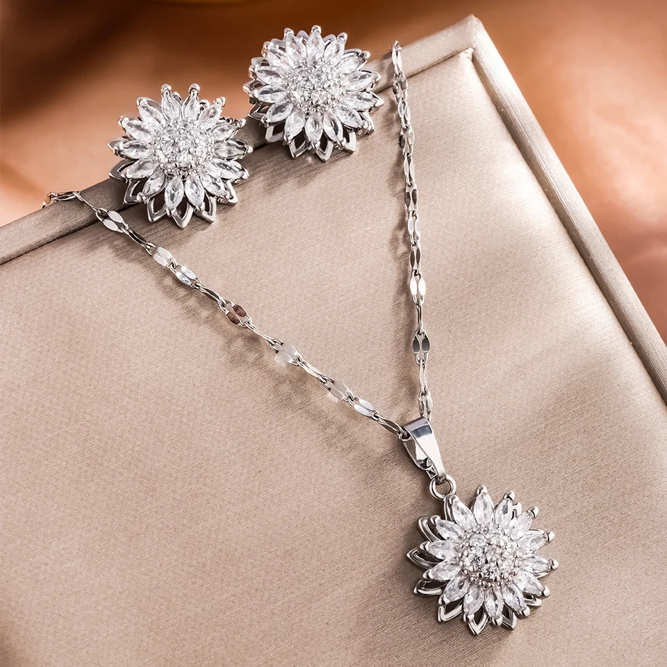 Halsband dam – solros halsband med kristall i rostfritt stål