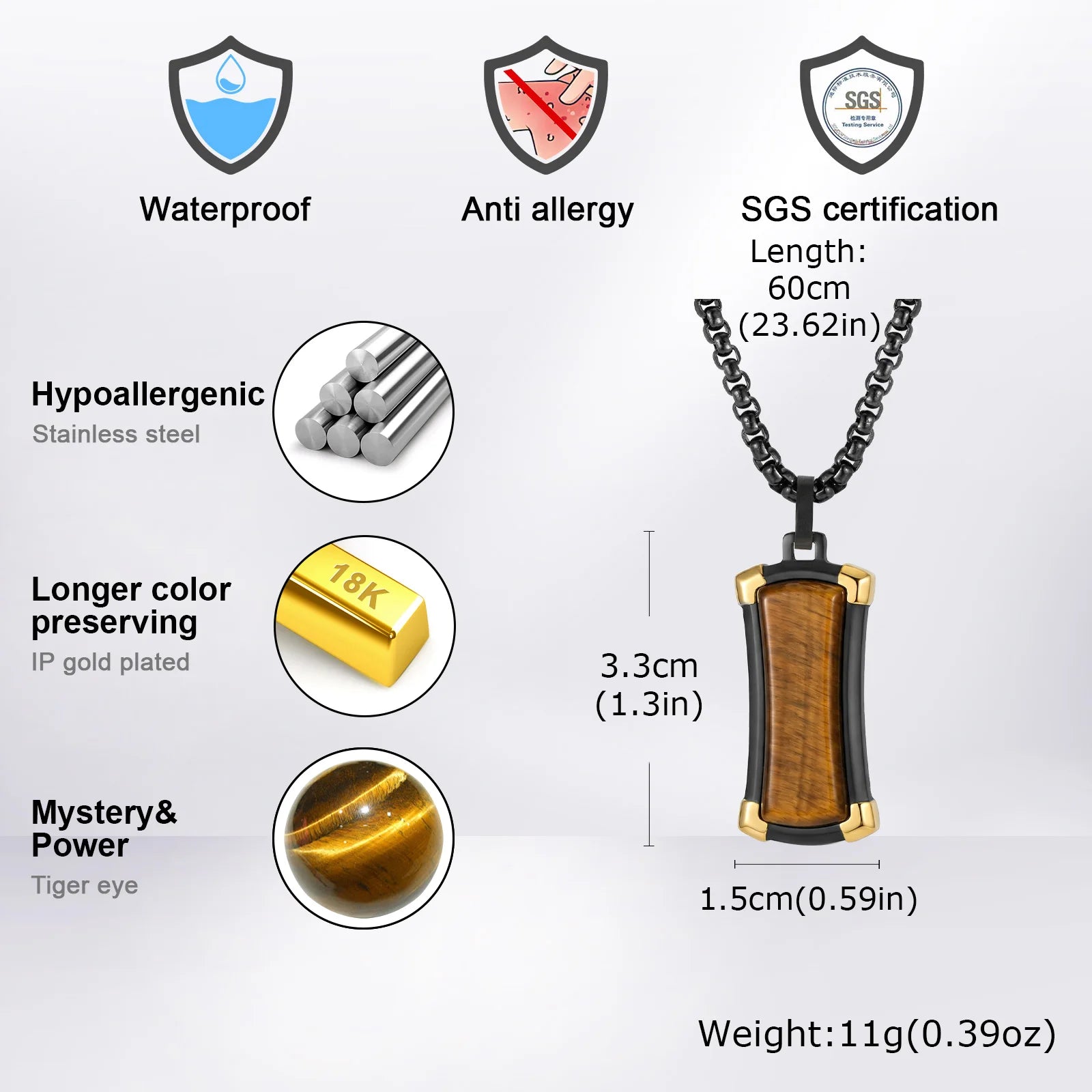 Dog tag halsband herr – svart stål & tigeröga