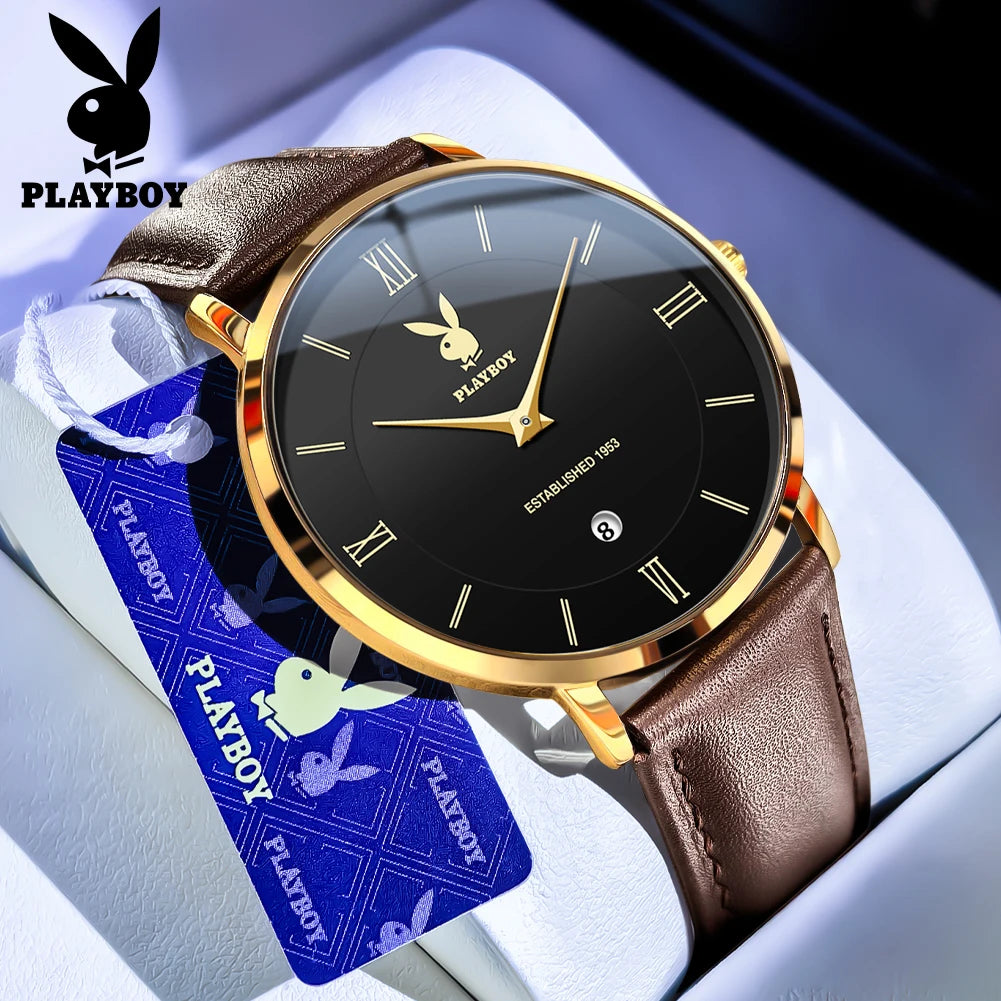 PLAYBOY Herrklocka – stilren kvartsklocka med läderarmband