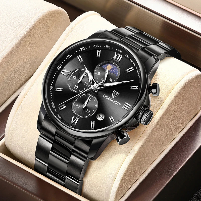 LIGE herrklocka i stål med datum, månfas och vattentålig design