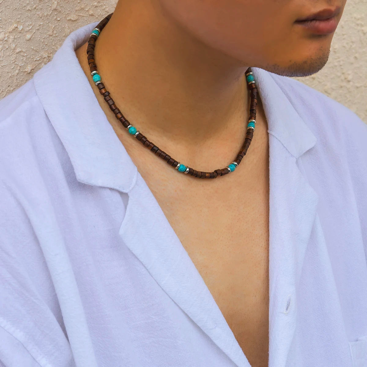 Träpärlhalsband herr – kort choker med vintagekänsla