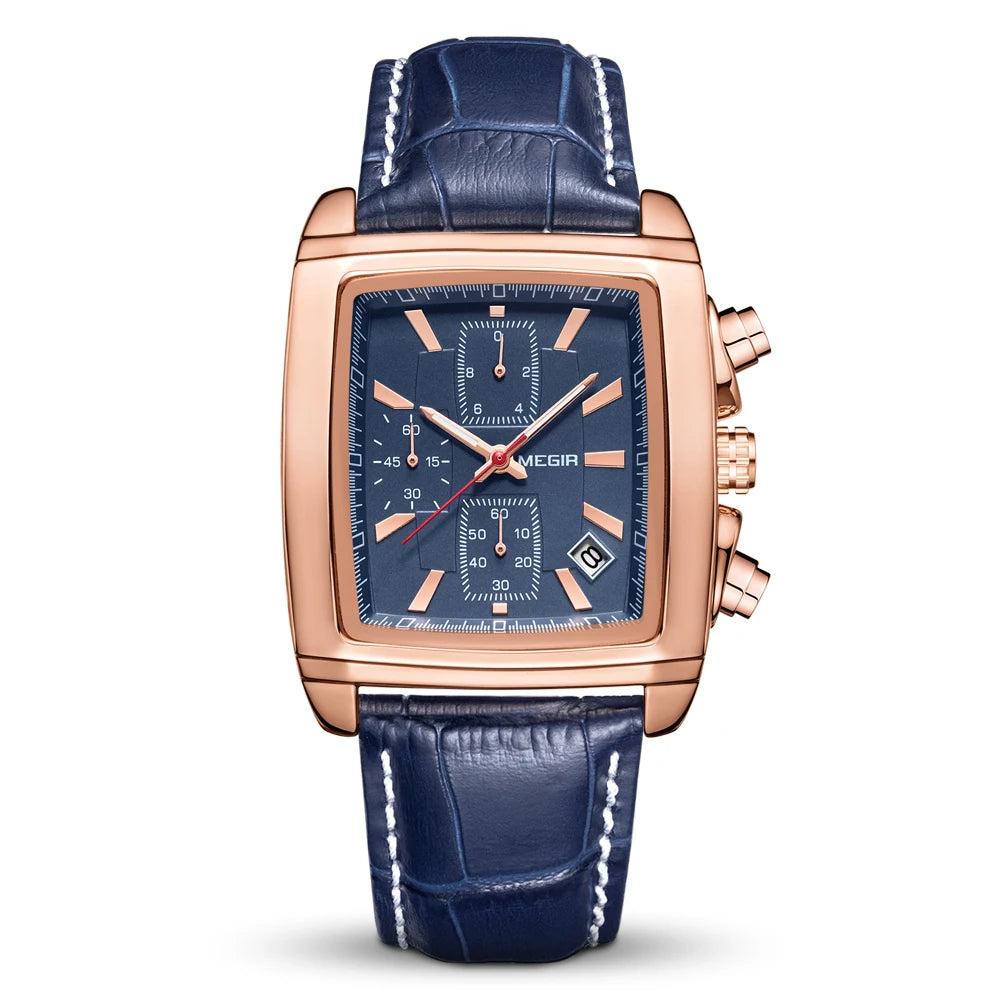 MEGIR Herrklocka – Rektangulär quartzklocka med läderband & självlysande visare