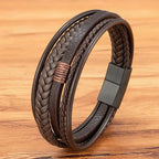 Flätat läderarmband för herr – multilager med rostfritt stål