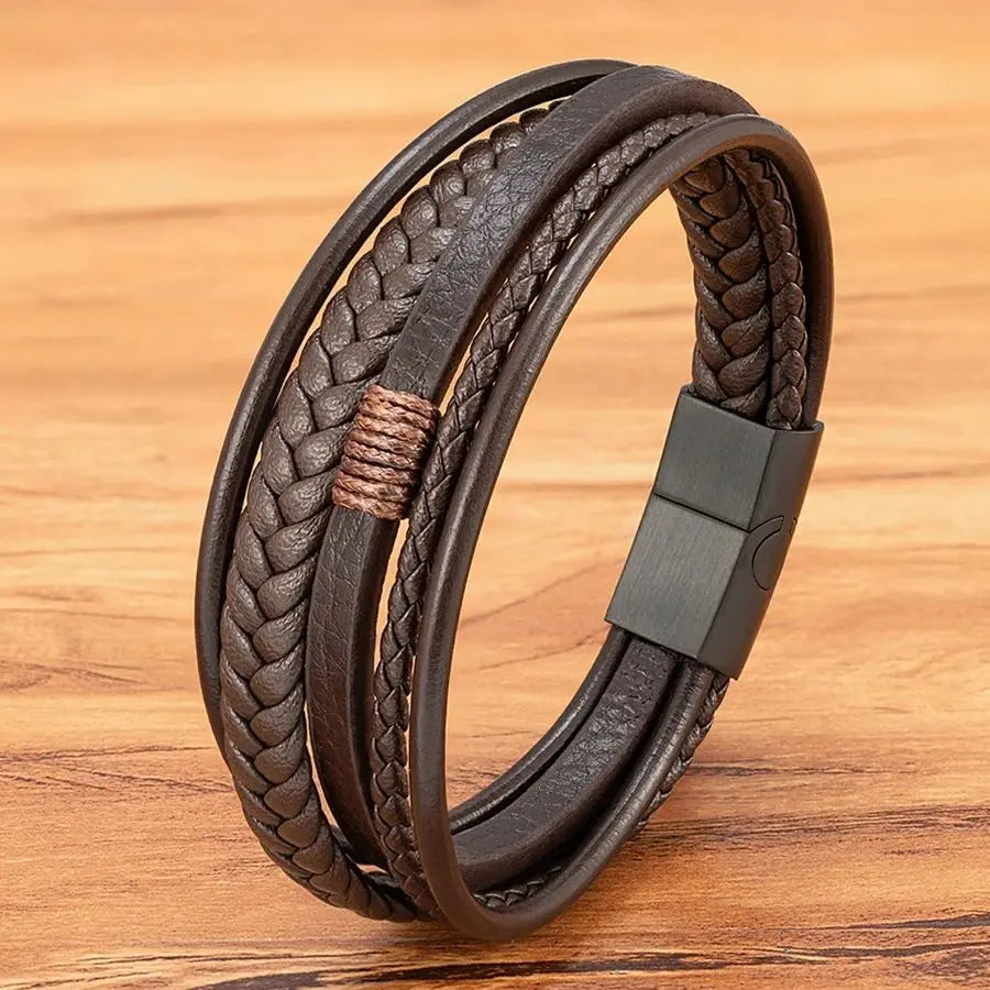 Flätat läderarmband för herr – multilager med rostfritt stål