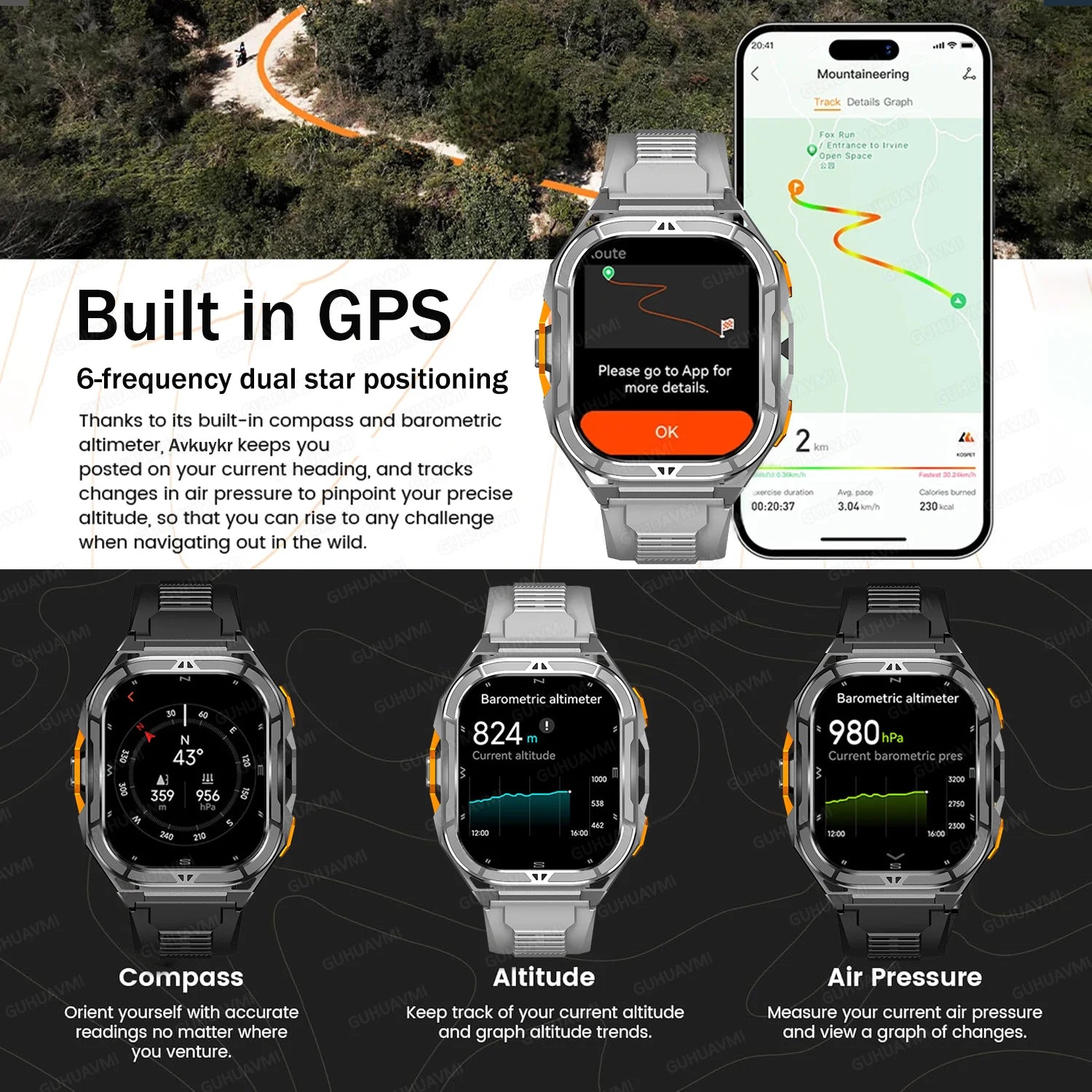 Militär Smartwatch GPS – 1.96” AMOLED & 10ATM vattentät