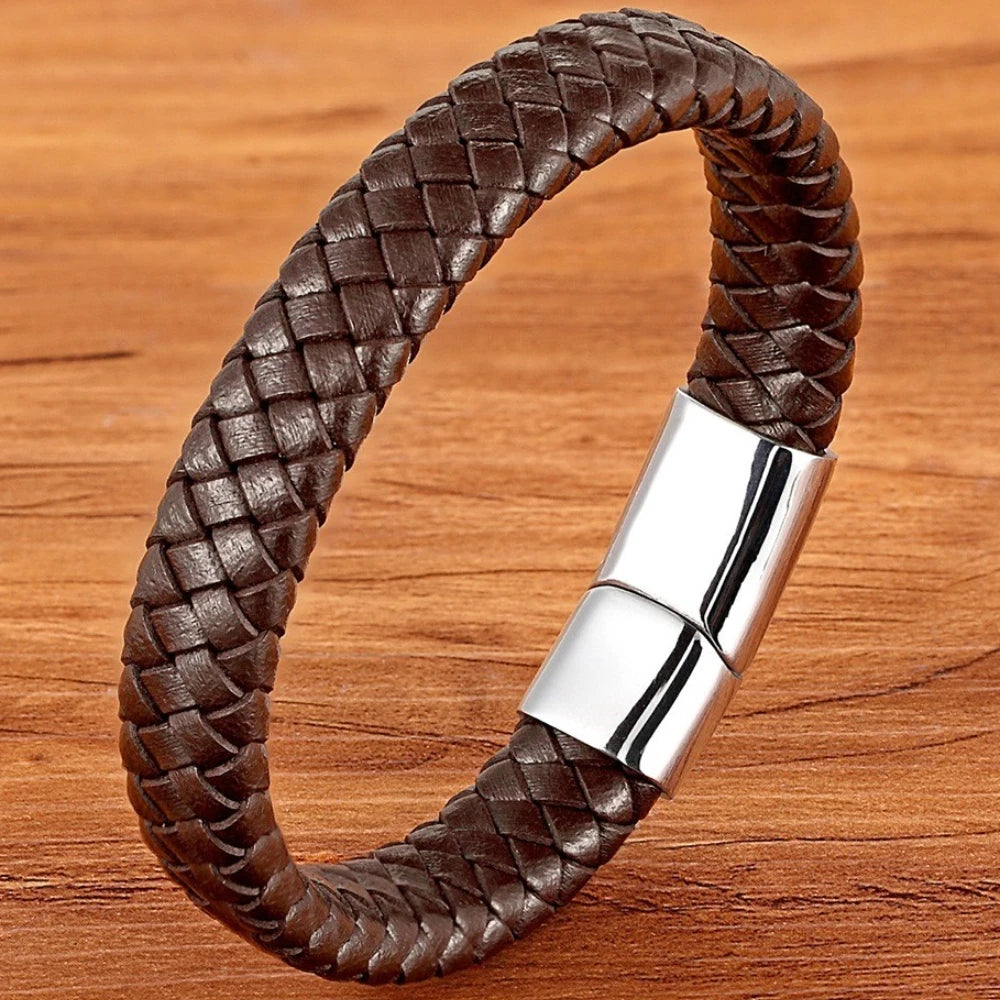 Flätat läderarmband för herr – rostfritt stål och geometrisk design