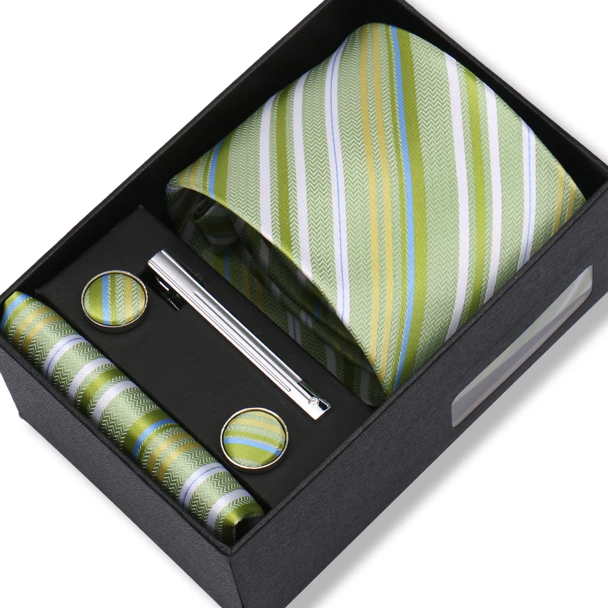 Slipsset herr 8 cm – jacquard slips, näsduk, manschettknappar & slipsnål