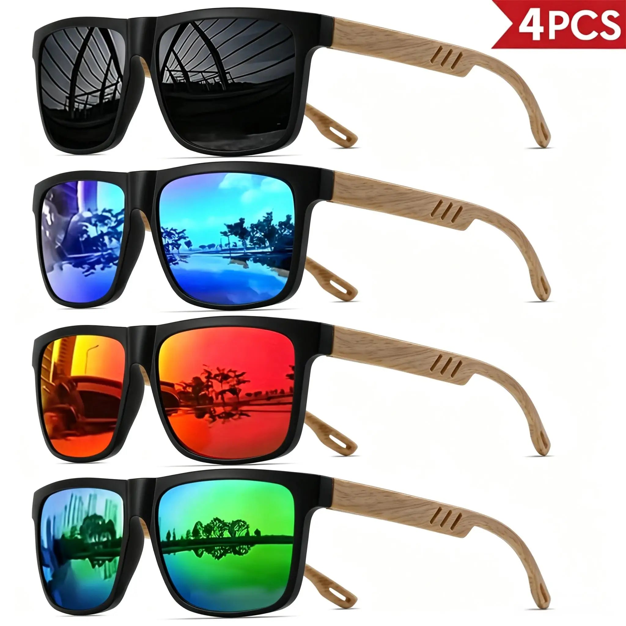 4-pack Solglasögon Trälook – Retro Fyrkantiga Unisex