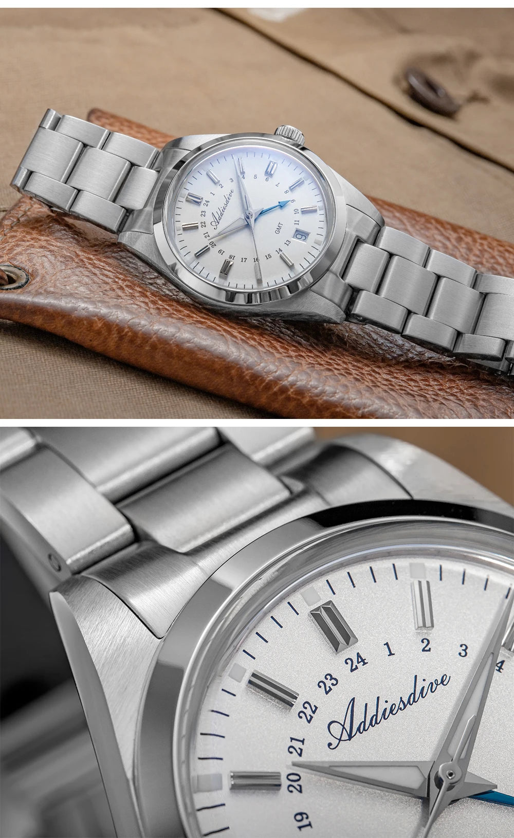 ADDIESDIVE AD2065 – Lyxig 36mm GMT quartzklocka i rostfritt stål (10ATM)