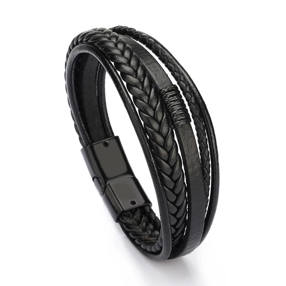 Flätat läderarmband för män – Multilagerdesign med stål, 21 cm