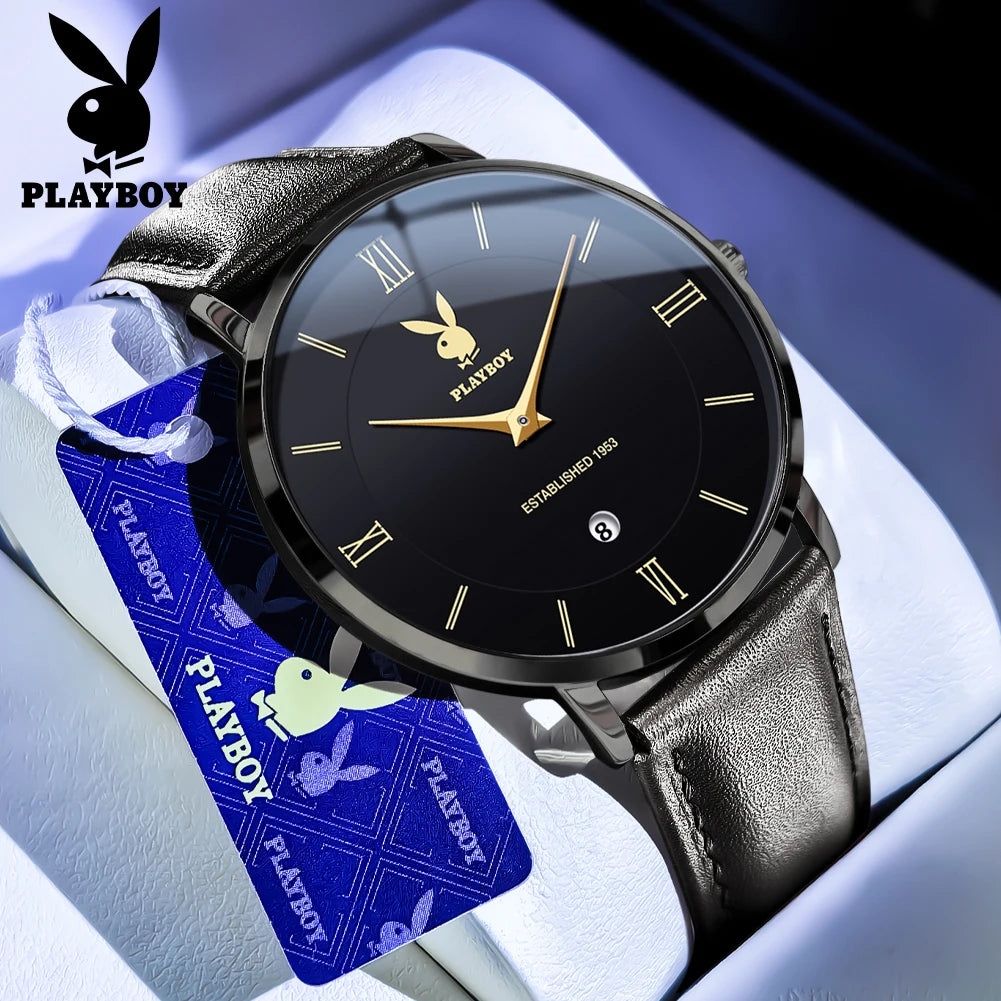 PLAYBOY Herrklocka – stilren kvartsklocka med läderarmband