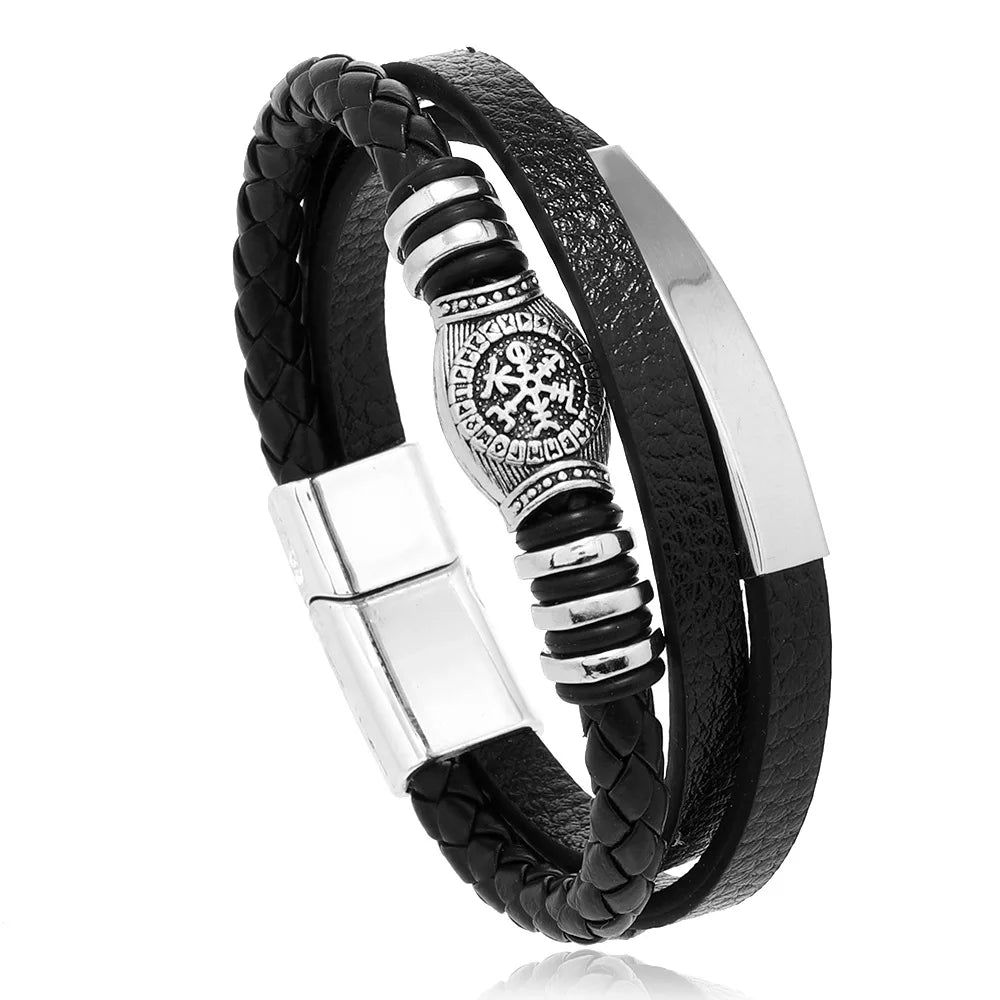 Flätat läderarmband för män – Multilagerdesign med stål, 21 cm
