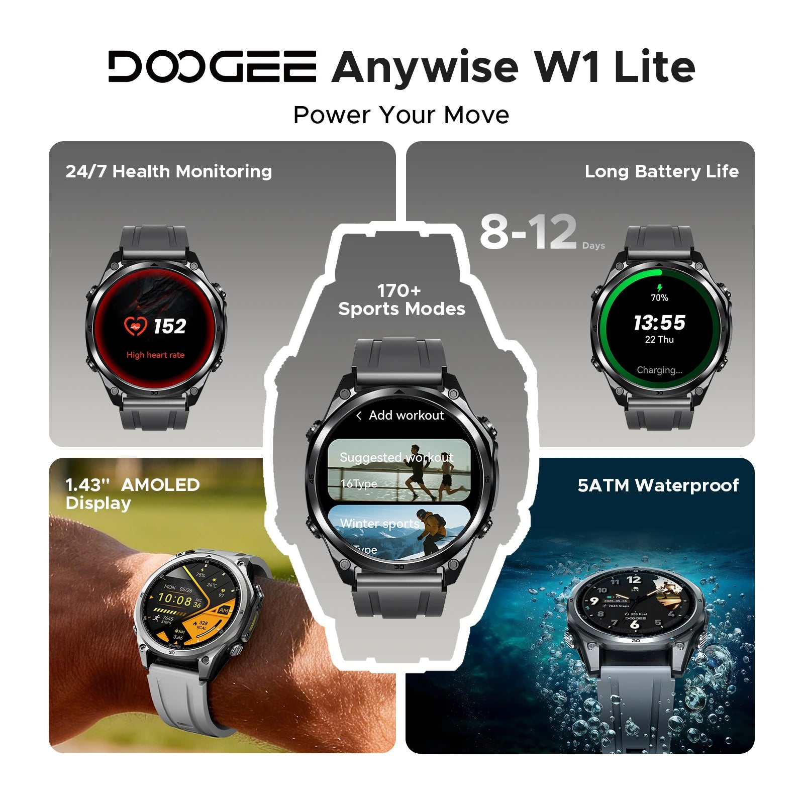DOOGEE ANYWISE W1 Lite Smartwatch – 1.43” AMOLED & 5ATM