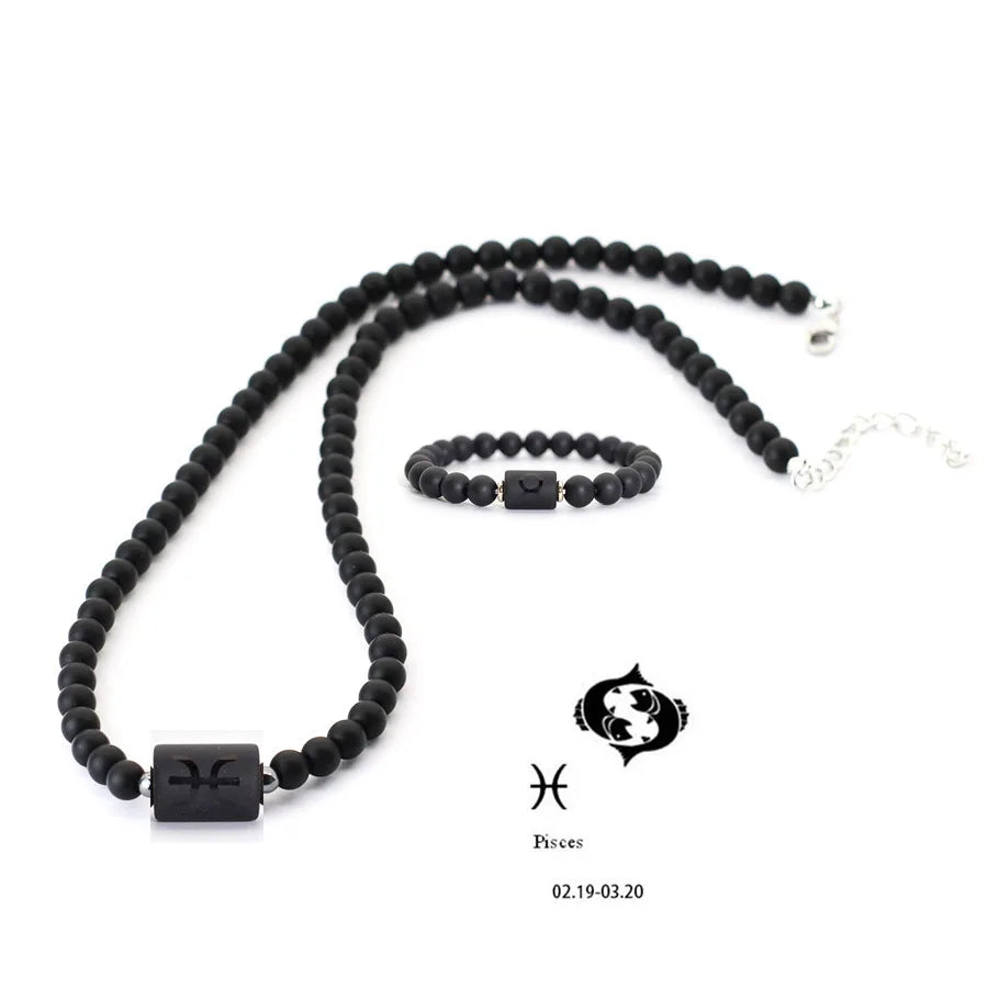 Stenpärlhalsband herr – svart onyx & stjärntecken
