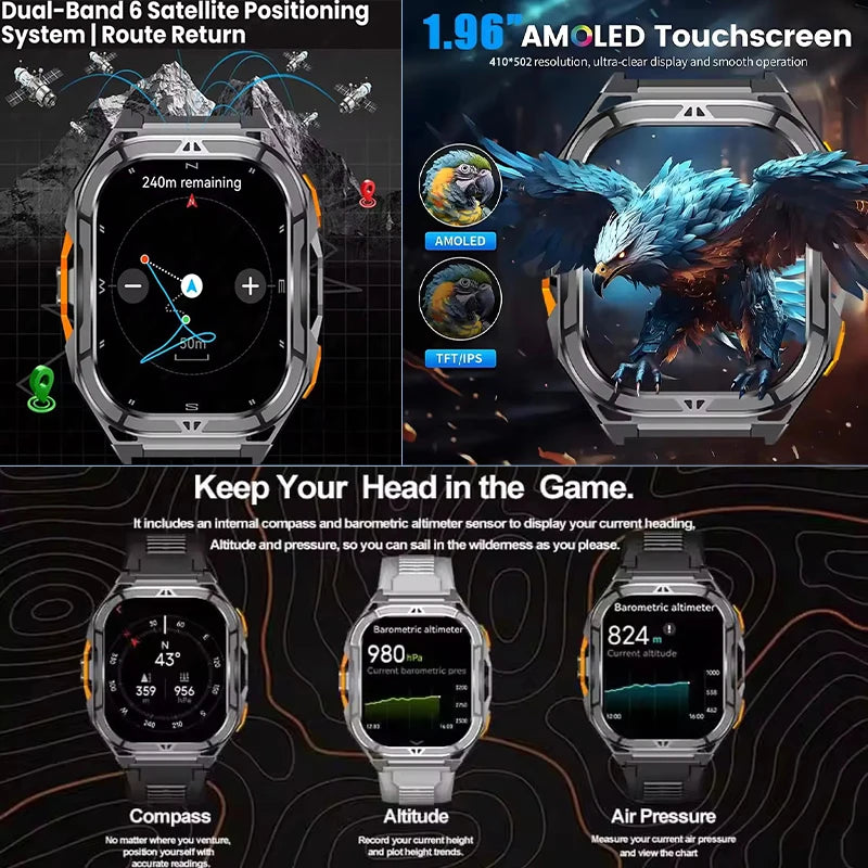 GPS Smartwatch Militärstil – 1.96” AMOLED & 10ATM vattentät