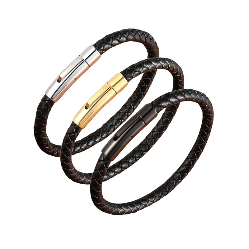 Flätat läderarmband i stål – unisex armband med geometrisk design