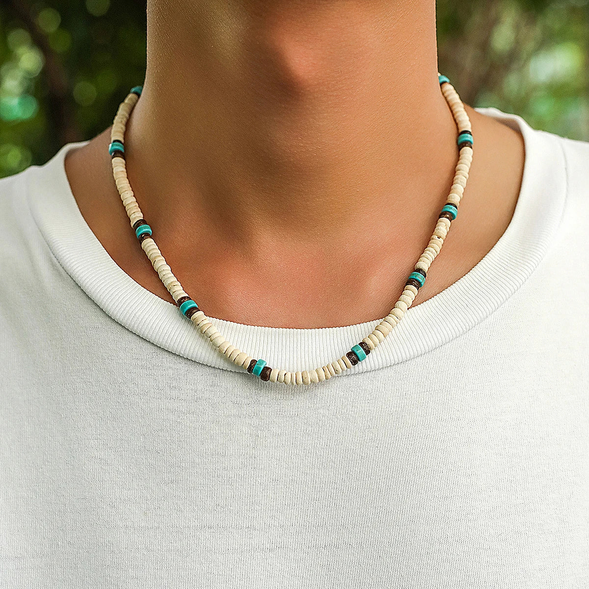 Träpärlhalsband herr – kort choker med vintagekänsla