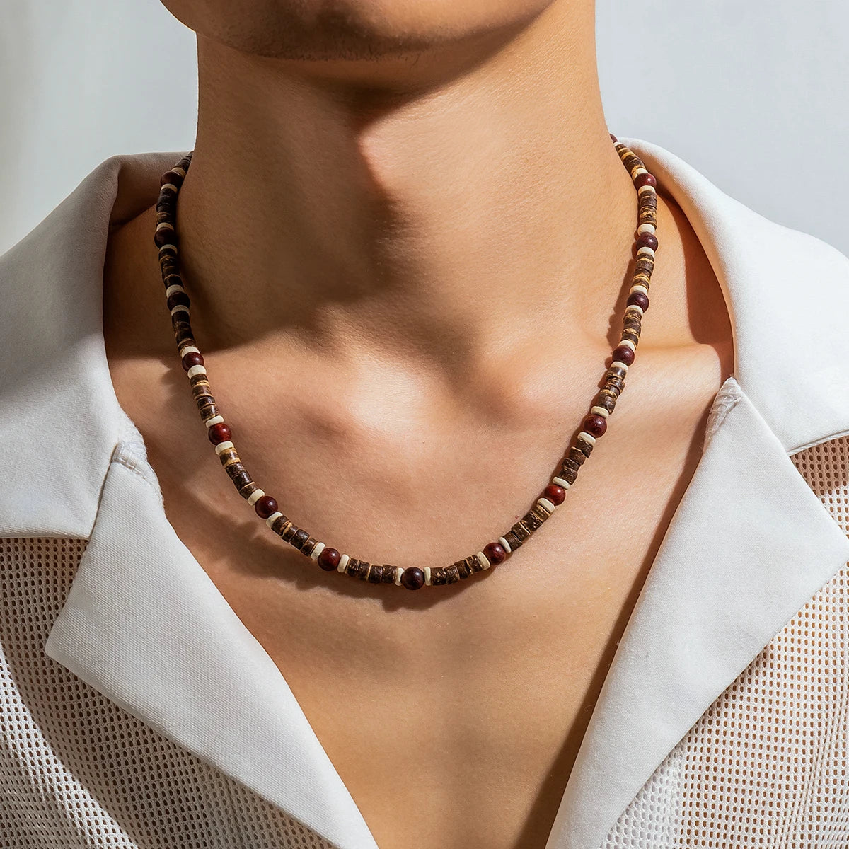 Träpärlhalsband herr – kort choker med vintagekänsla