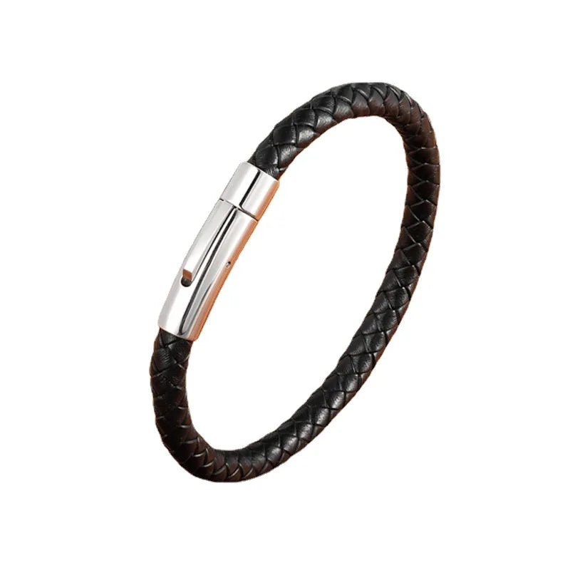 Flätat läderarmband i stål – unisex armband med geometrisk design