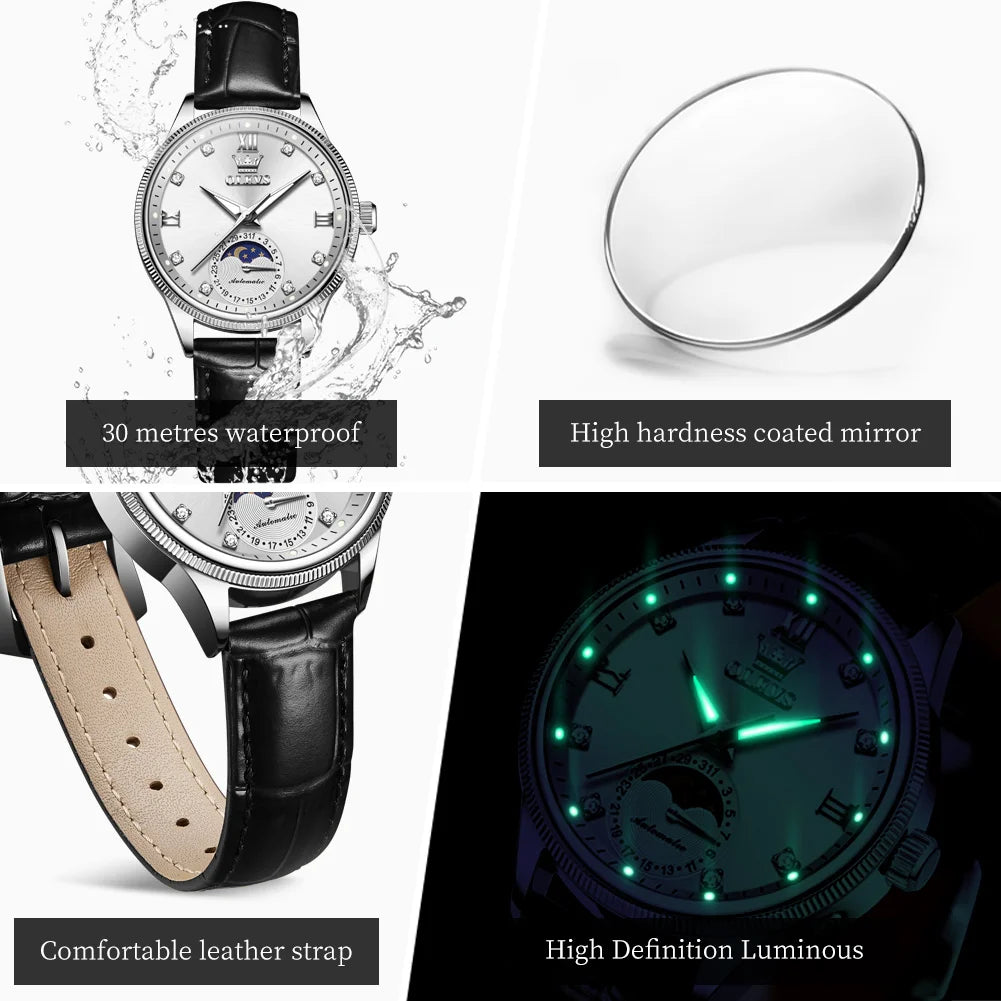 OLEVS 7039 Damklocka med månfas – automatisk mekanisk klocka i elegant design