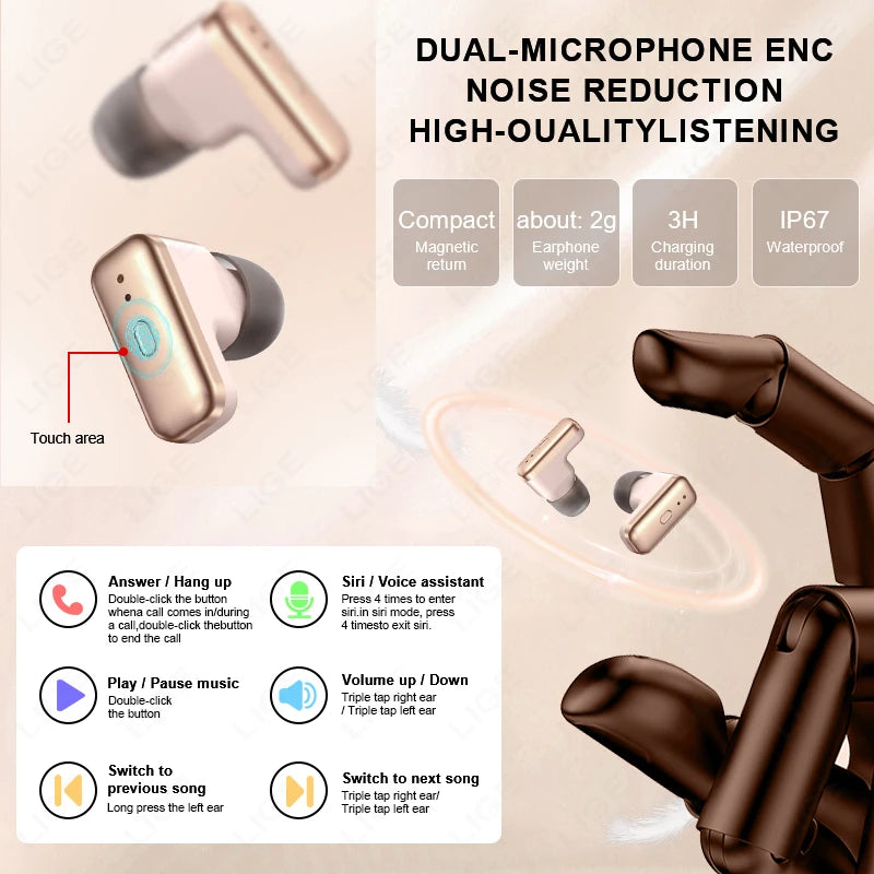 Smartwatch LIGE TWS 2‑i‑1 – med hörlurar & Bluetooth