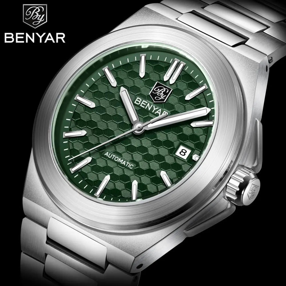 BENYAR BY-5219M automatisk herrklocka med bikakemönstrad urtavla