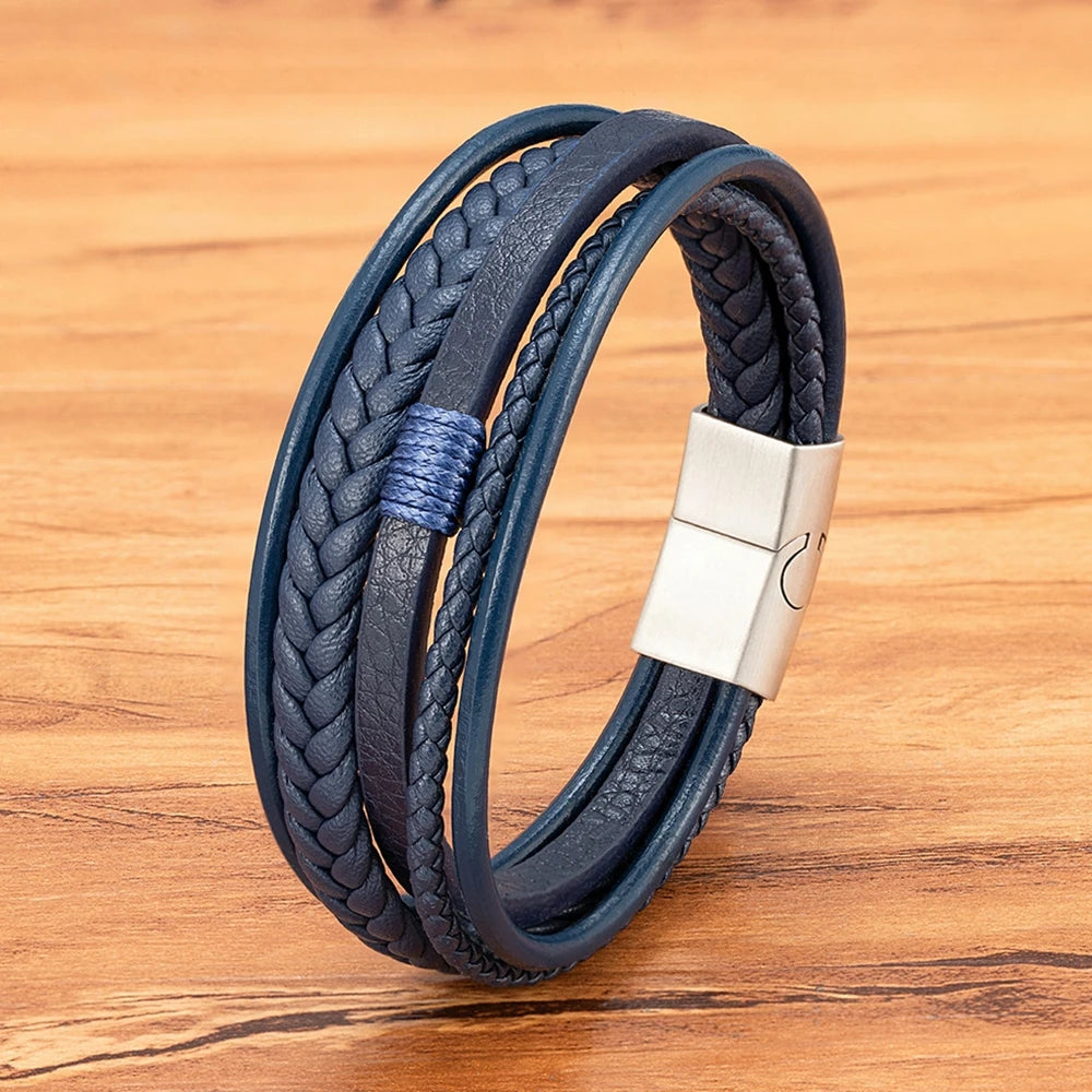 Flätat läderarmband för herr – multilager med rostfritt stål