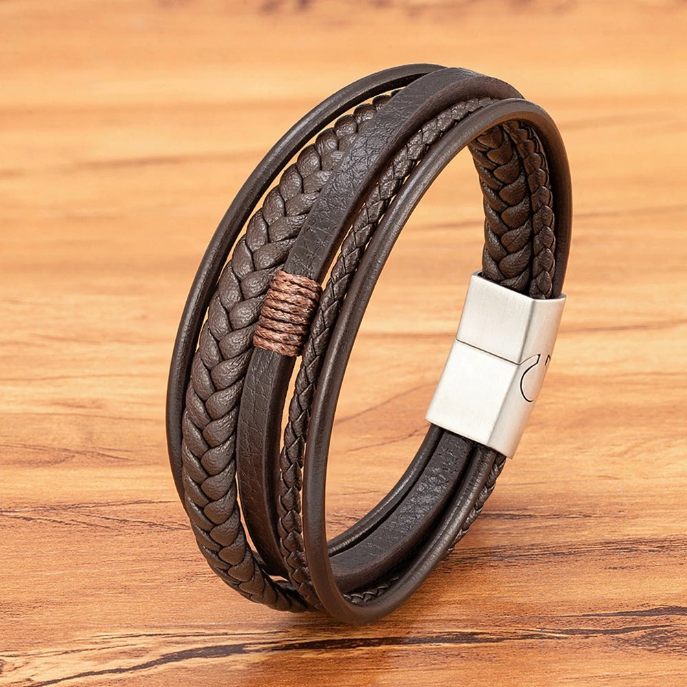 Flätat läderarmband för herr – multilager med rostfritt stål