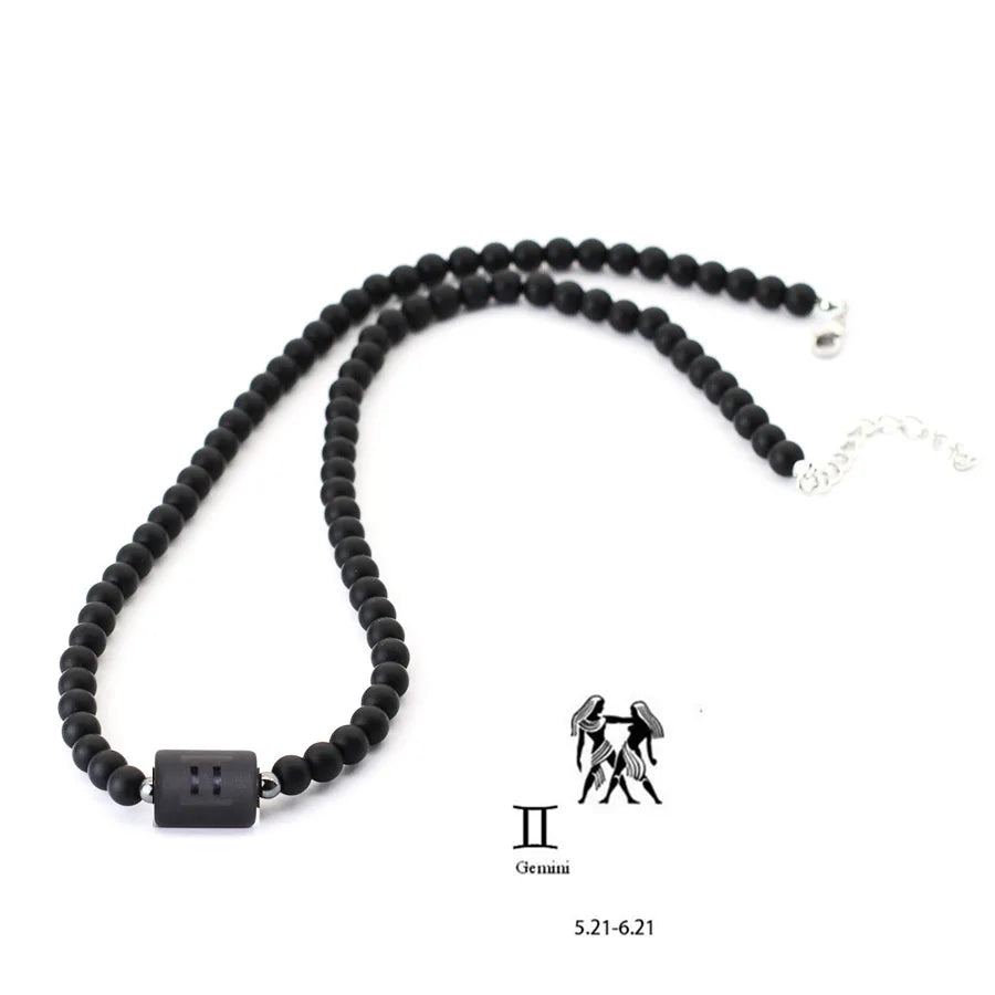 Stenpärlhalsband herr – svart onyx & stjärntecken