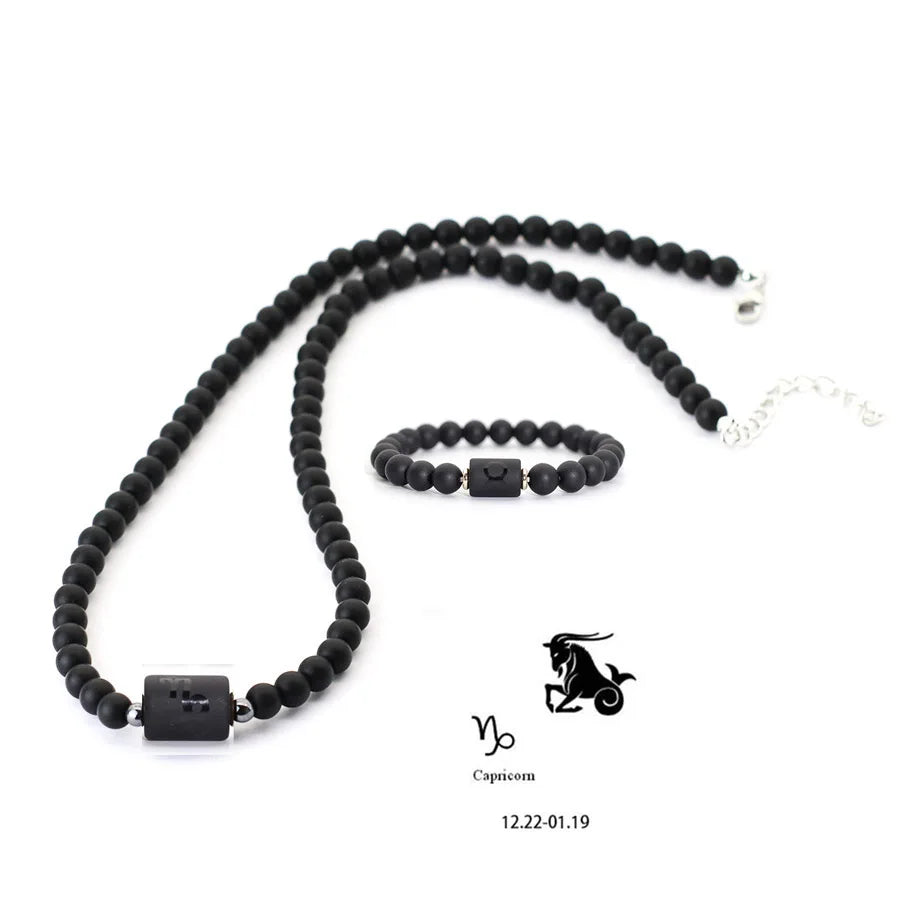 Stenpärlhalsband herr – svart onyx & stjärntecken