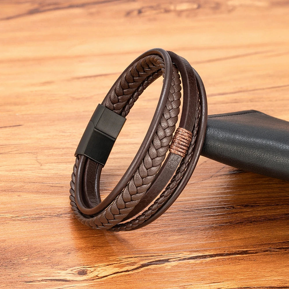 Flätat läderarmband för herr – multilager med rostfritt stål