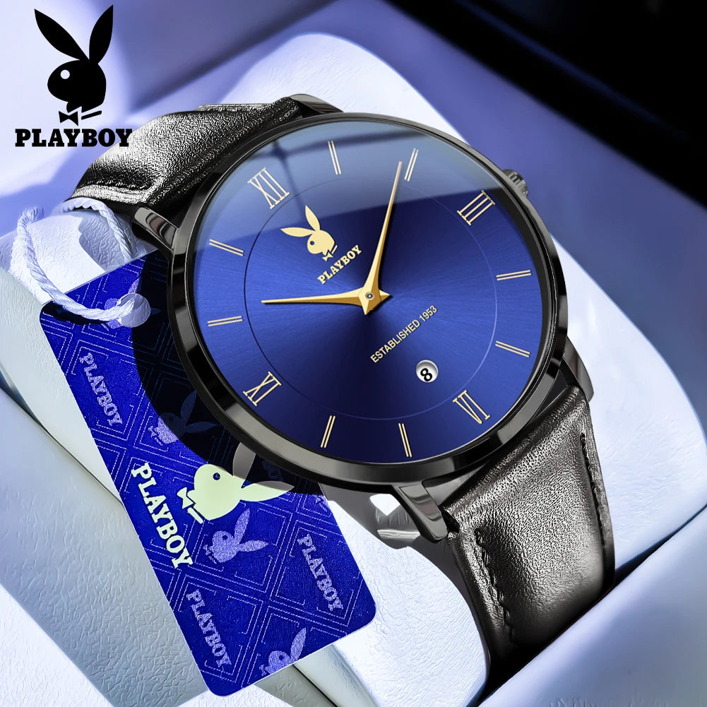 PLAYBOY Herrklocka – stilren kvartsklocka med läderarmband