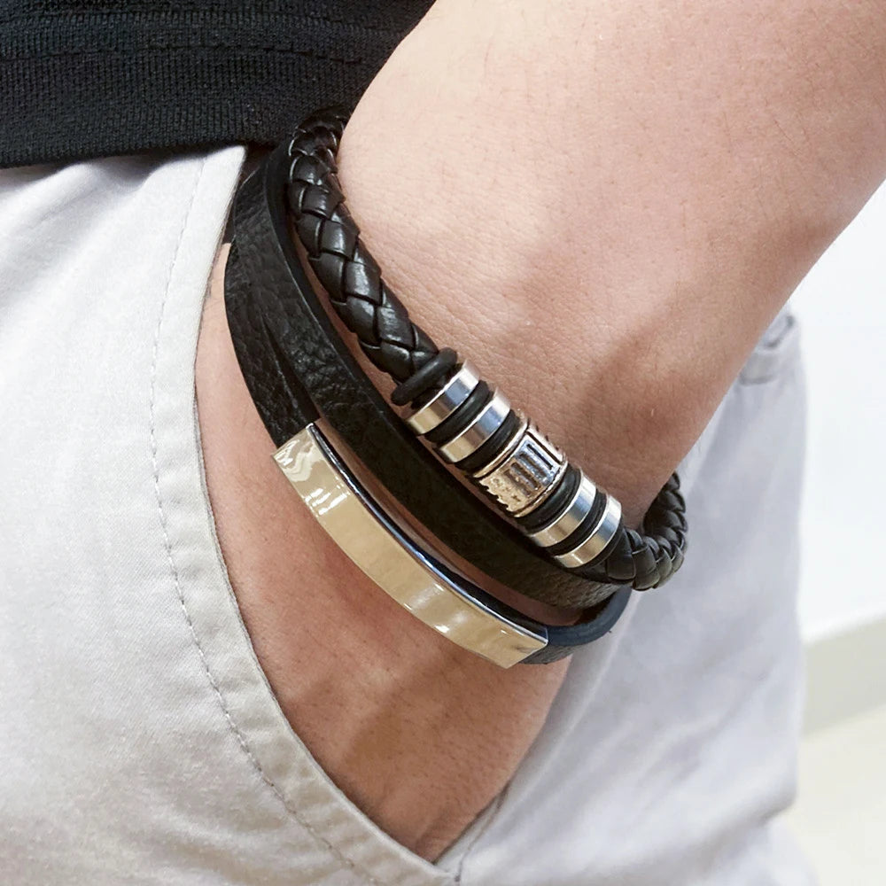 Flätat läderarmband för män – Multilagerdesign med stål, 21 cm