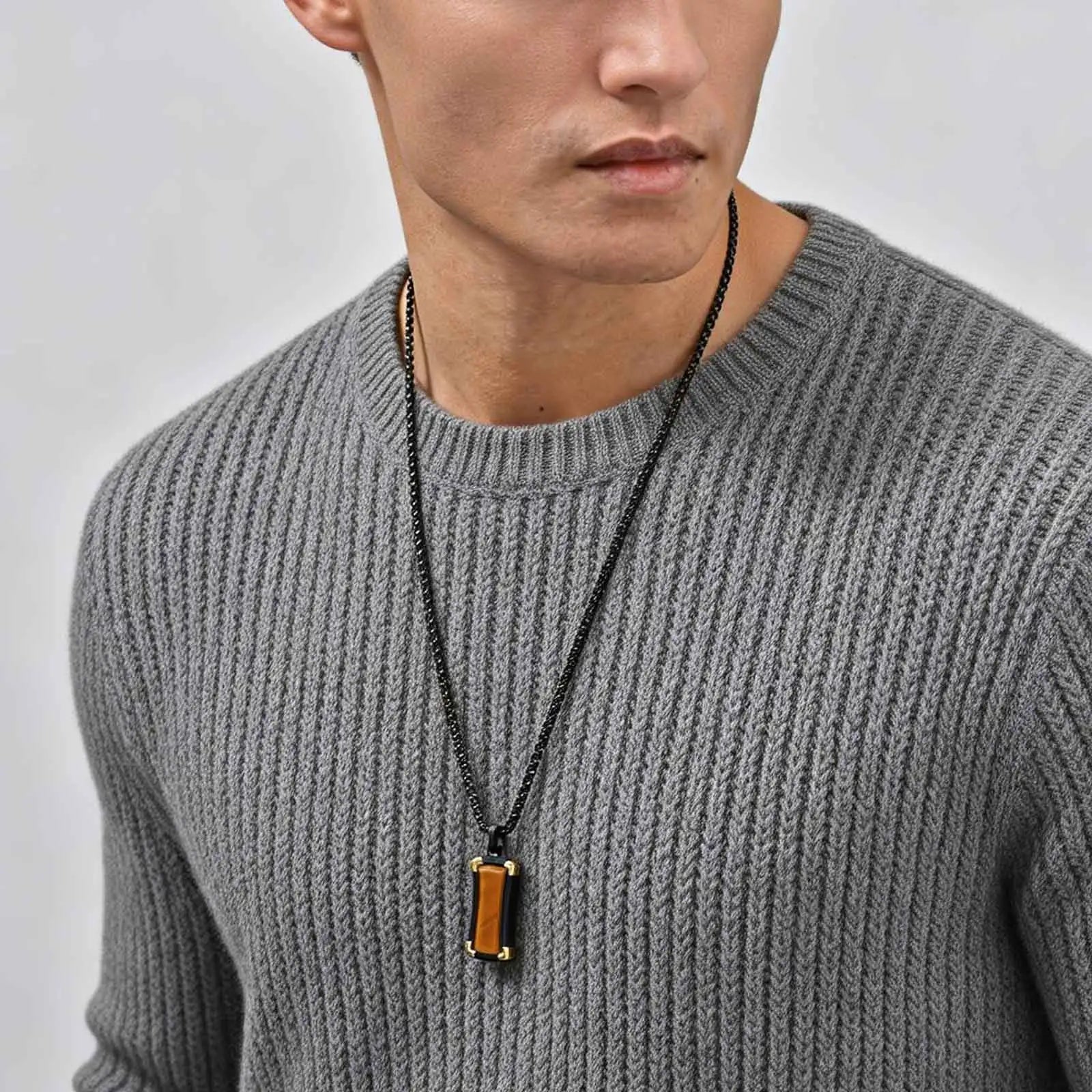 Dog tag halsband herr – svart stål & tigeröga