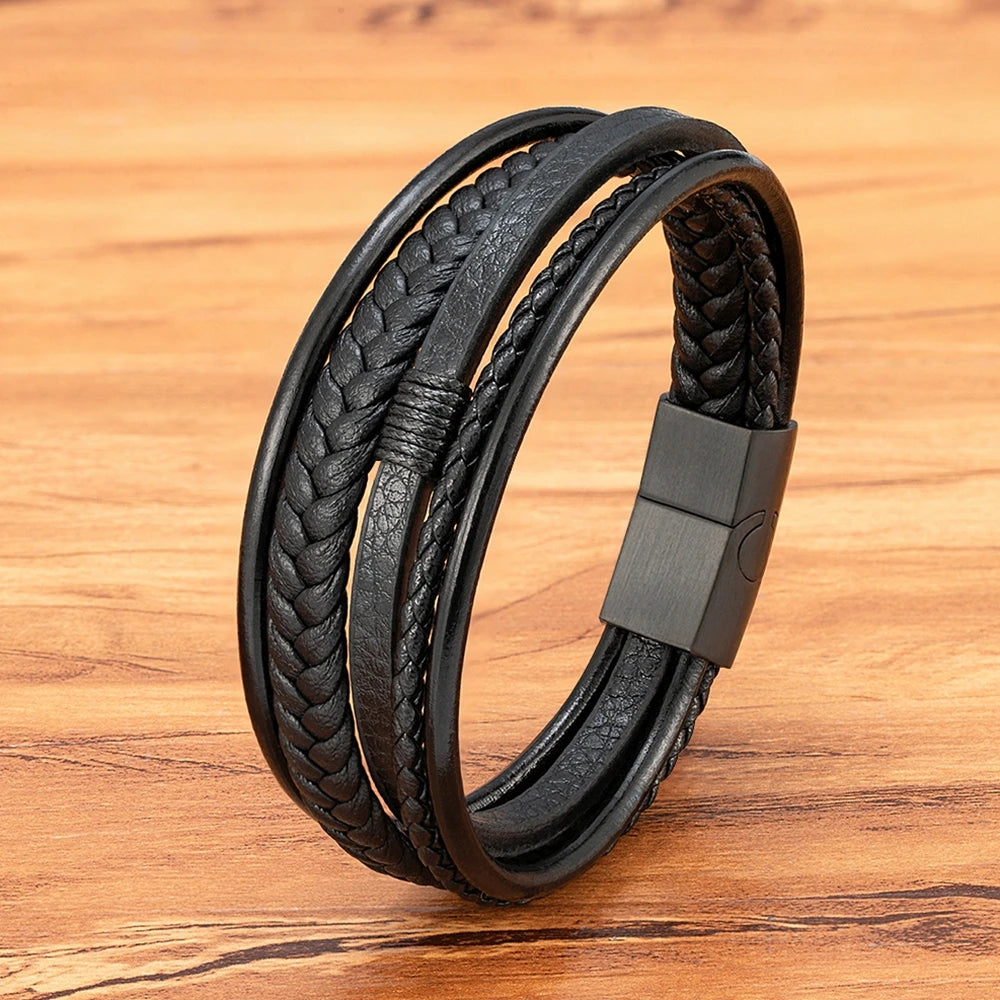 Flätat läderarmband för herr – multilager med rostfritt stål