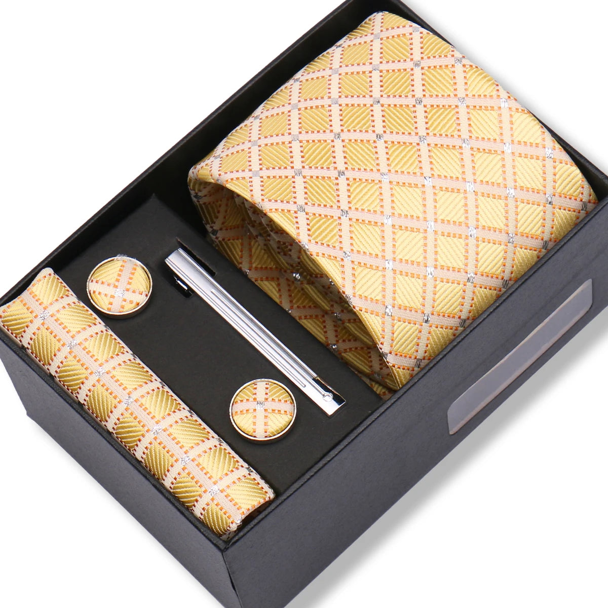 Slipsset herr 8 cm – jacquard slips, näsduk, manschettknappar & slipsnål