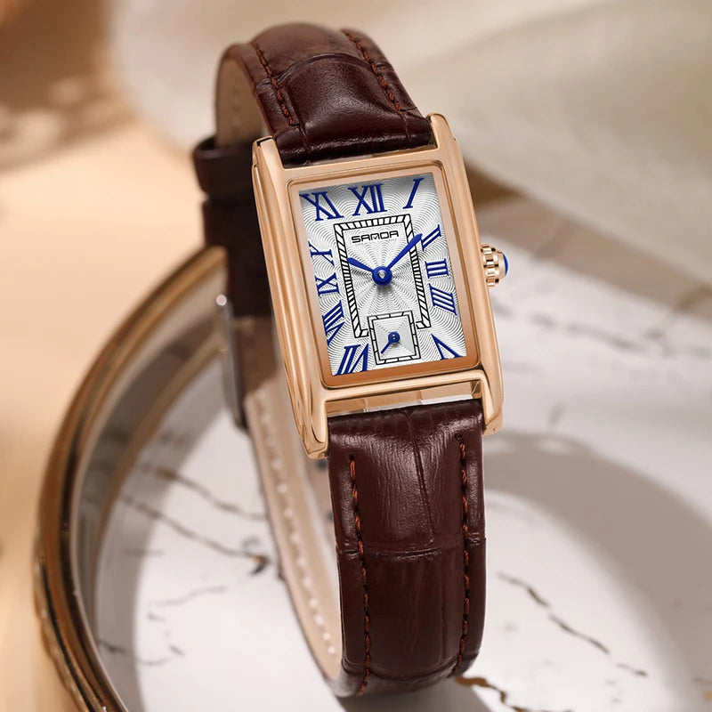 Rektangulär damklocka med läderarmband – Elegant quartzklocka