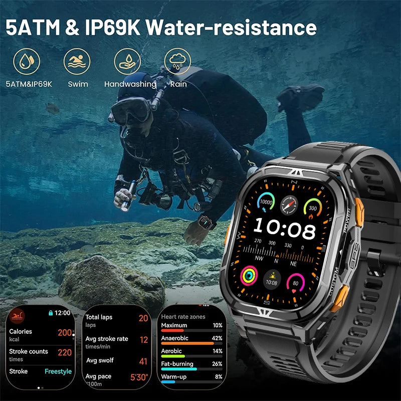 GPS Smartwatch Militärstil – 1.96” AMOLED & 10ATM vattentät