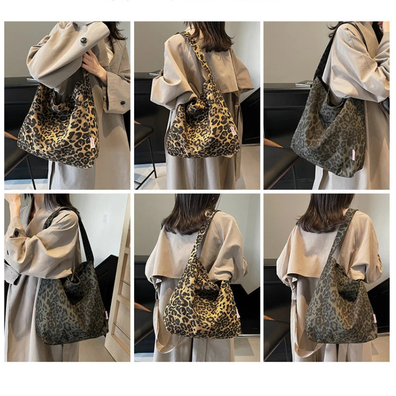 Leopardmönstrad tote bag i canvas – vintage damväska med stor kapacitet