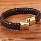 Flätat läderarmband för herr – rostfritt stål och geometrisk design