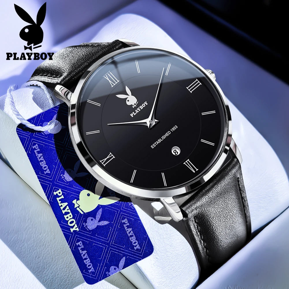 PLAYBOY Herrklocka – stilren kvartsklocka med läderarmband