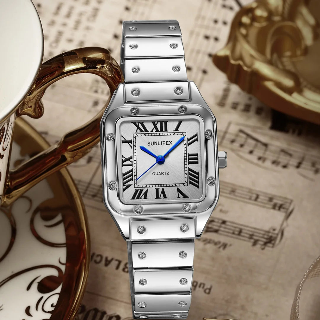 Fyrkantig damklocka i rostfritt stål – stilren quartzklocka